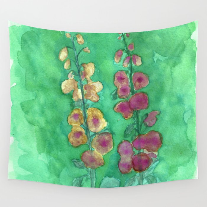 Hollyhock Foxglove Watercolor Honey & Berry on Green Wall Tapestry