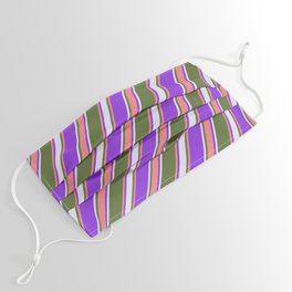 [ Thumbnail: Dark Olive Green, Light Coral, Purple & Lavender Colored Stripes/Lines Pattern Face Mask ]