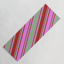 [ Thumbnail: Dark Sea Green, Red, and Violet Colored Stripes Pattern Yoga Mat ]