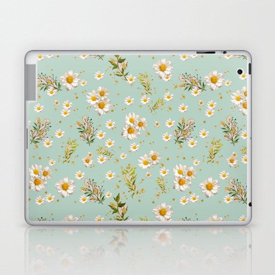 White Daisies Floral Pattern Seamless Sage Olive Green Laptop & iPad Skin