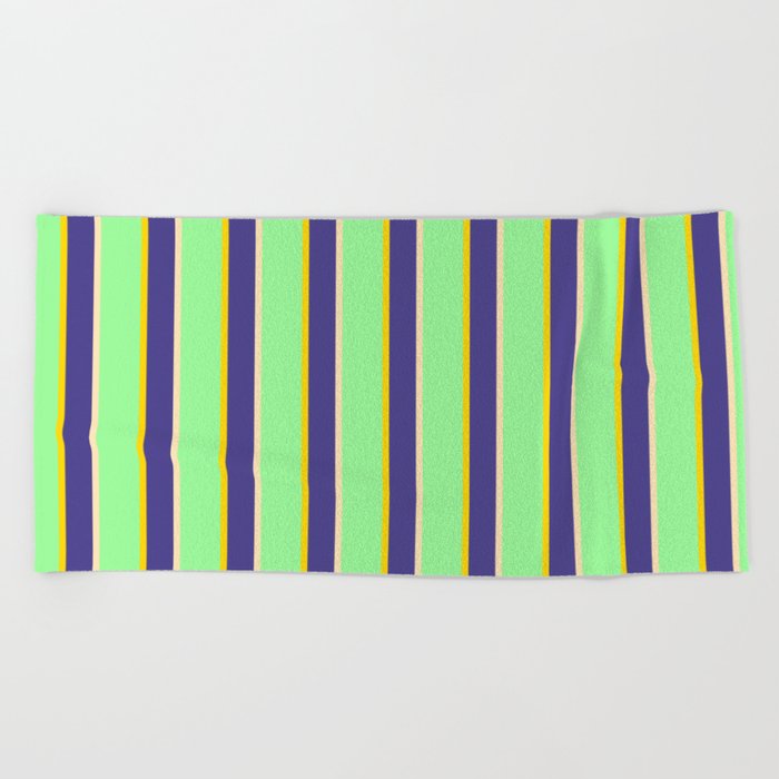 Green, Yellow, Dark Slate Blue & Beige Colored Stripes/Lines Pattern Beach Towel