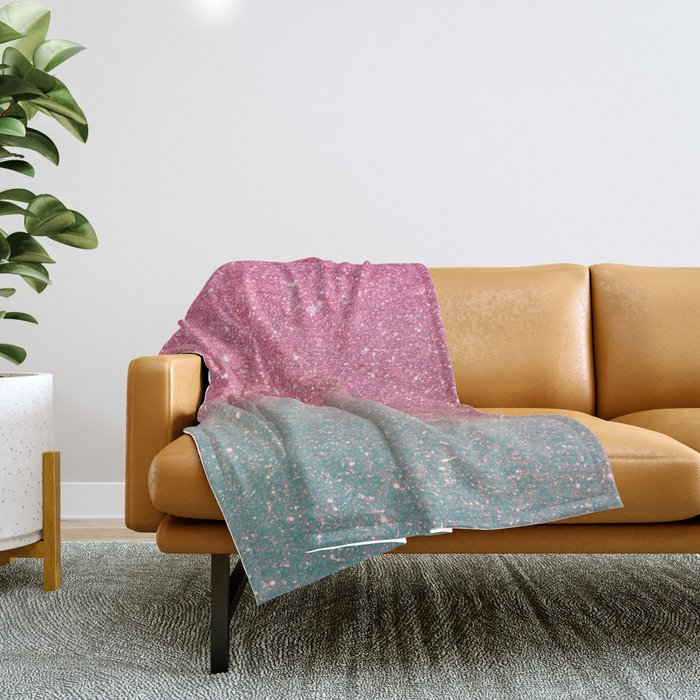 Modern neon pink teal faux glitter ombre patern Throw Blanket