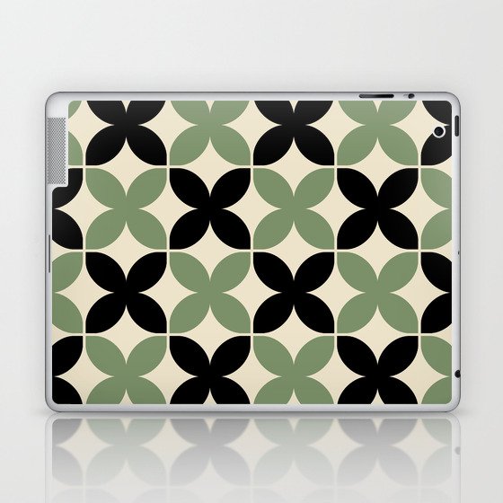 Geometric Flower Pattern 932 Sage Green Black and Beige Laptop & iPad Skin