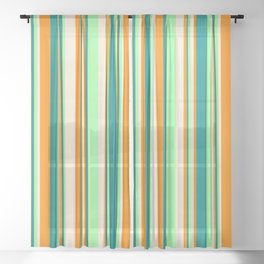 [ Thumbnail: Green, Dark Cyan, Dark Orange, and Beige Colored Stripes Pattern Sheer Curtain ]