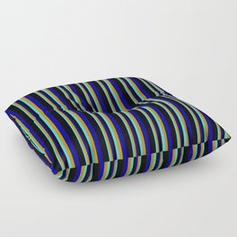 [ Thumbnail: Turquoise, Dark Goldenrod, Dark Blue & Black Colored Stripes Pattern Floor Pillow ]