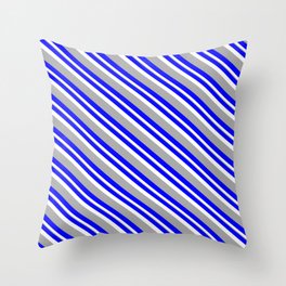 [ Thumbnail: Blue, White, and Dark Grey Colored Lined/Striped Pattern Throw Pillow ]