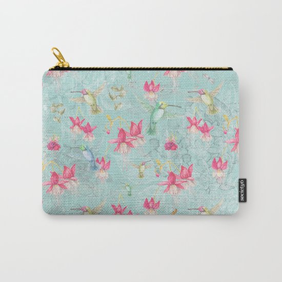 Vintage Watercolor hummingbird and Fuchsia Flowers on mint Background Carry-All Pouch