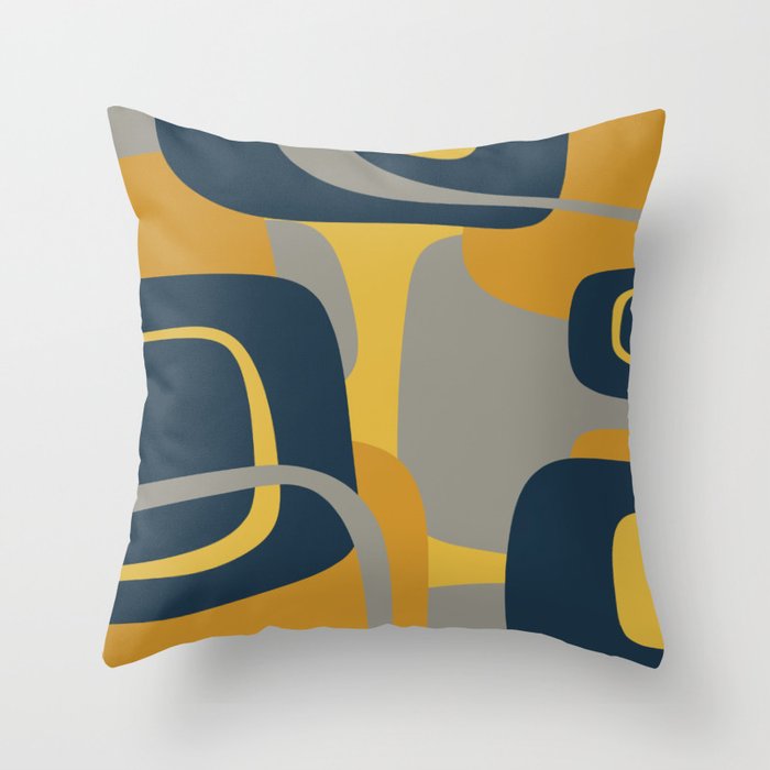 Midcentury Modern Abstract 2 in Mustard, Navy Blue, and Gray Throw Pillow