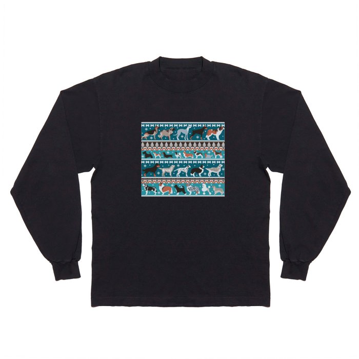 Fluffy and bright fair isle knitting doggie friends // teal background brown orange white and grey dog breeds  Long Sleeve T Shirt
