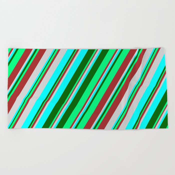 Colorful Brown, Light Grey, Cyan, Dark Green, and Green Colored Stripes Pattern Beach Towel