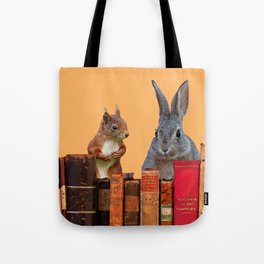 Rabbit with squirrel behind old Books #society6 Tote Bag