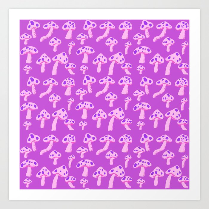 Cute Pink and Purple Mushrooms over Magenta Art Print