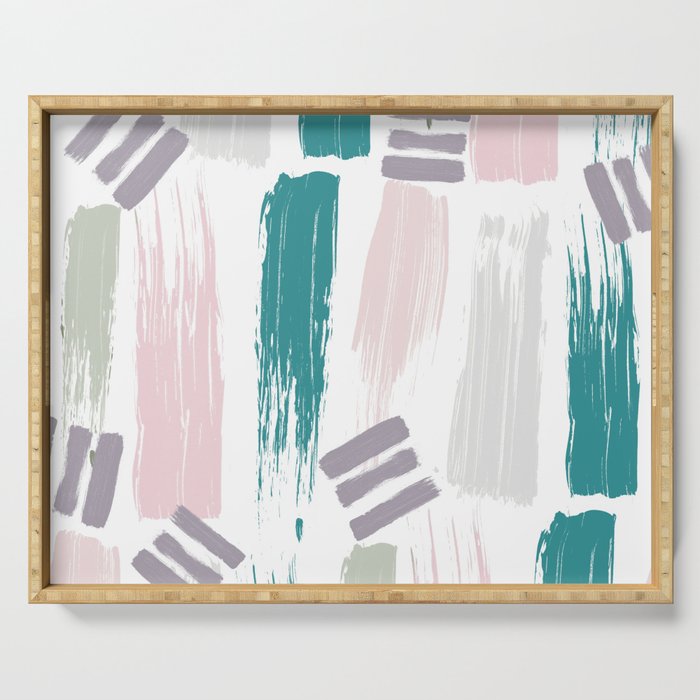 Abstract pink turquoise gray acrylic paint brushstrokes Serving Tray
