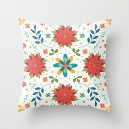 Modern Holiday Poinsettia and Floral Print with Pale Green Throw Pillow