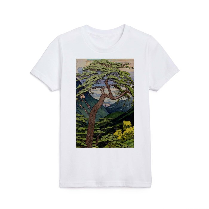 The Downwards Climbing - Summer Tree & Mountain Ukiyoe Nature Landscape in Green Kids T Shirt