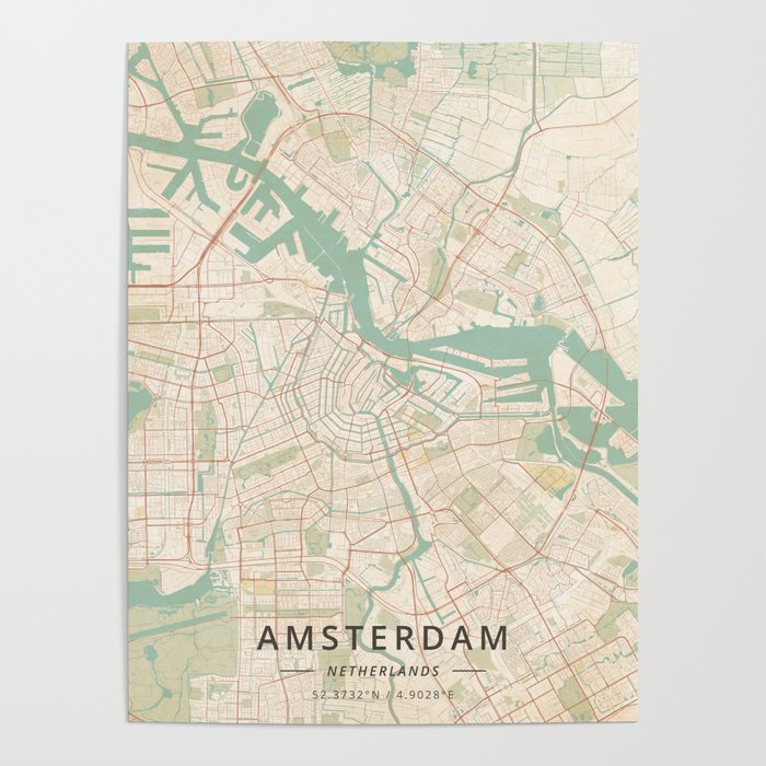 Amsterdam, Netherlands - Vintage Map Poster