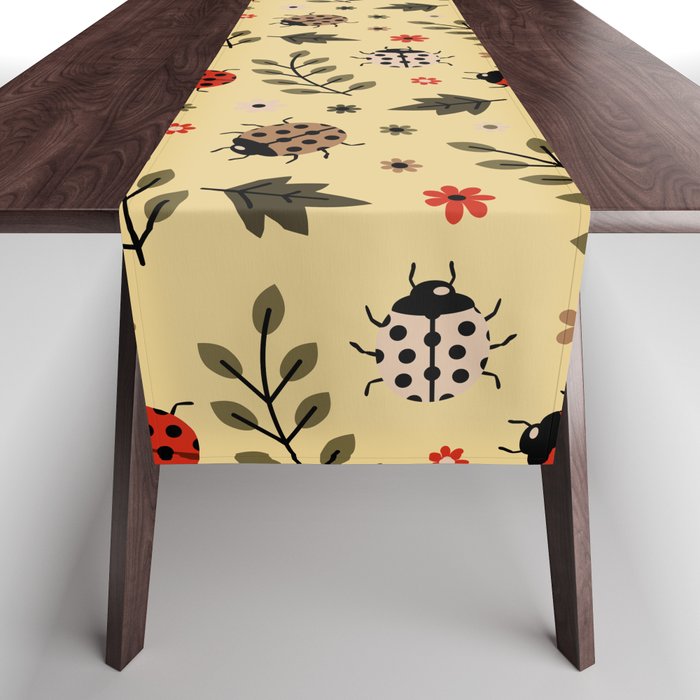 Ladybug and Floral Seamless Pattern on Tan Background Table Runner