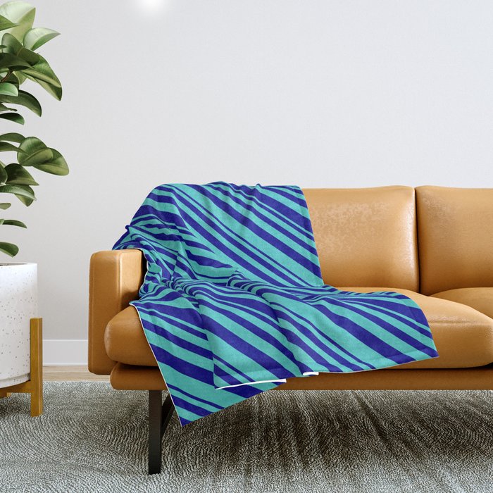 Dark Blue & Turquoise Colored Striped/Lined Pattern Throw Blanket