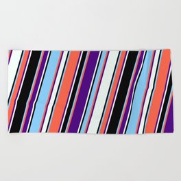 [ Thumbnail: Eyecatching Red, Indigo, Mint Cream, Black, and Light Sky Blue Colored Pattern of Stripes Beach Towel ]