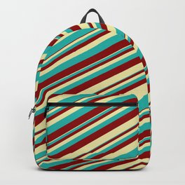 [ Thumbnail: Pale Goldenrod, Light Sea Green, and Dark Red Colored Striped Pattern Backpack ]