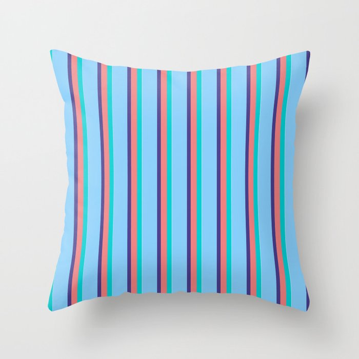 Dark Turquoise, Light Coral, Dark Slate Blue, Light Sky Blue & White Colored Pattern of Stripes Throw Pillow