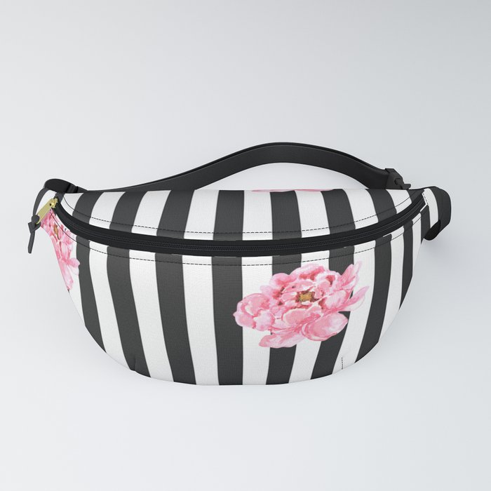 Hand painted pink watercolor black white stripes floral Fanny Pack