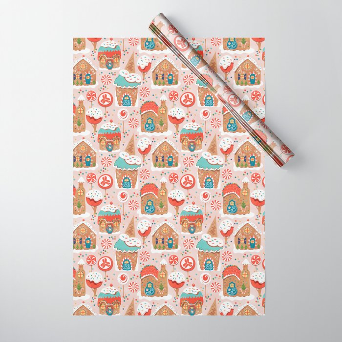 Gingerbread Candy Land on pink Wrapping Paper