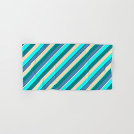 [ Thumbnail: Blue, Tan, Aqua, and Teal Colored Striped/Lined Pattern Hand & Bath Towel ]
