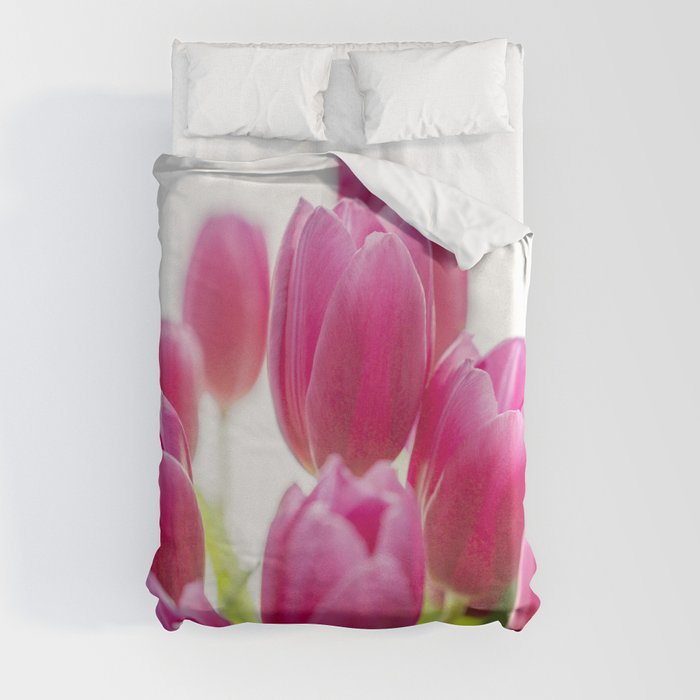 Summer floral bright pink tulips art print - spring flowers green leaves - nature photography Duvet Cover