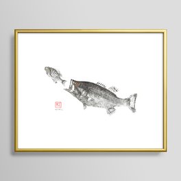 Gyotaku Bass chasing sunfish Framed Art Print