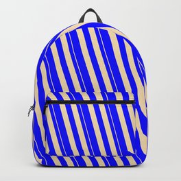 [ Thumbnail: Tan & Blue Colored Stripes/Lines Pattern Backpack ]
