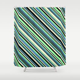 [ Thumbnail: Colorful Green, Blue, Dark Slate Gray, Light Yellow, and Black Colored Stripes/Lines Pattern Shower Curtain ]