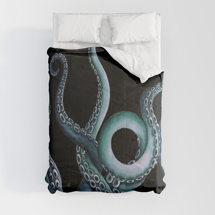 Teal Kraken at night Comforter