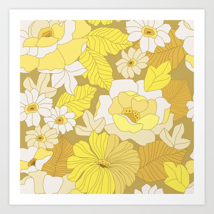 Yellow, Ivory & Brown Retro Flowers Art Print