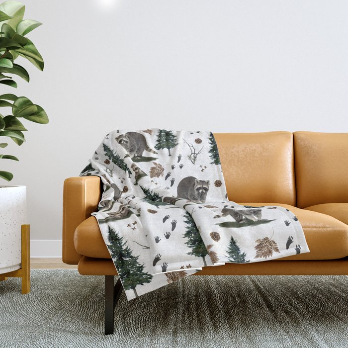 Raccoon and forest elements  Throw Blanket