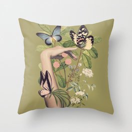 Minimal Collage/ Hand, Plants and Butterflies 2 Throw Pillow
