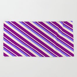 [ Thumbnail: Medium Slate Blue, Beige & Purple Colored Stripes/Lines Pattern Beach Towel ]