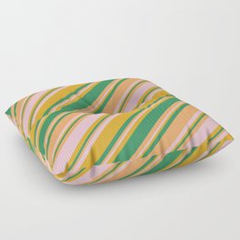 [ Thumbnail: Goldenrod, Sea Green, Brown, and Pink Colored Striped/Lined Pattern Floor Pillow ]