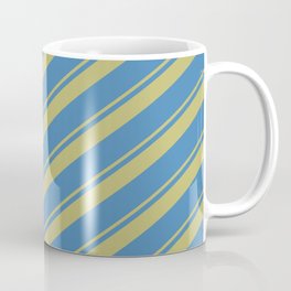 [ Thumbnail: Dark Khaki and Blue Colored Stripes Pattern Coffee Mug ]