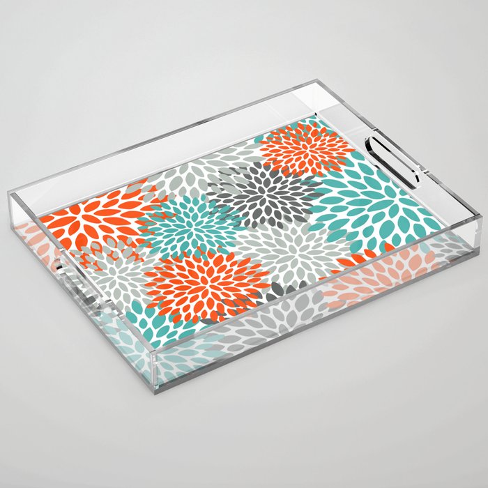 Floral Pattern, Abstract, Orange, Teal and Gray Acrylic Tray