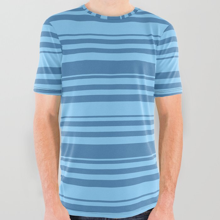 Blue and Light Sky Blue Colored Lines Pattern All Over Graphic Tee
