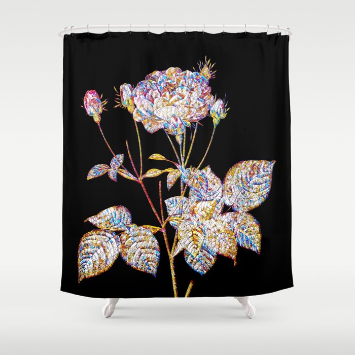 Floral Pink French Roses Mosaic on Black Shower Curtain