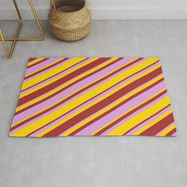 [ Thumbnail: Yellow, Brown, and Plum Colored Pattern of Stripes Rug ]