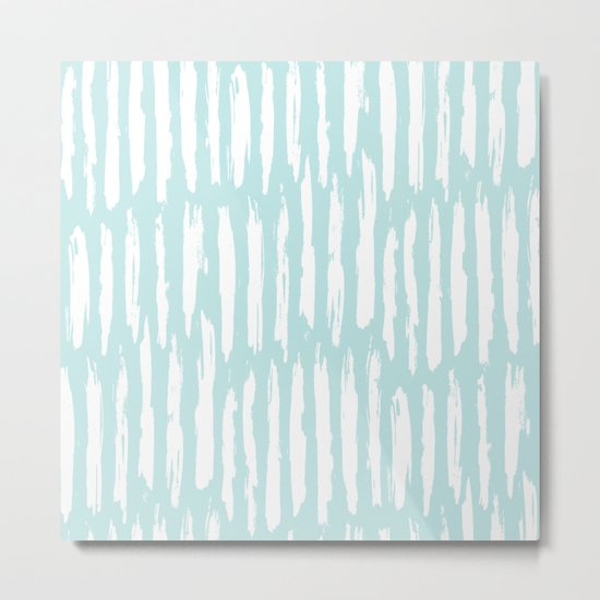 Vertical Dash Stripes White on Succulent Blue Metal Print