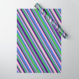 [ Thumbnail: Pink, Royal Blue, Lime Green, and Indigo Colored Lined/Striped Pattern Wrapping Paper ]