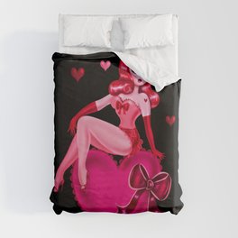 Retro Valentine Redhead Pinup Doll on a Big Heart Duvet Cover