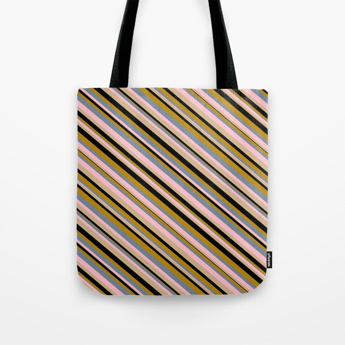 Vibrant Light Slate Gray, Pink, Tan, Black, and Dark Goldenrod Colored Lined Pattern Tote Bag
