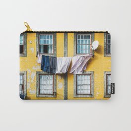 Beautiful and traditional facade of old building with clothes hanging from clothesline in windows. Carry-All Pouch | Photo, Architecture, Portugal, Traditional, Clothesline, Oporto, Facade, Peelingpaint, Windows, Town 