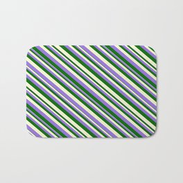 [ Thumbnail: Purple, Dark Green, and Light Yellow Colored Stripes Pattern Bath Mat ]