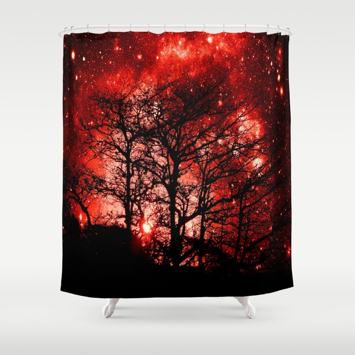 black trees red space Shower Curtain